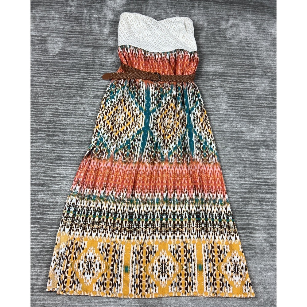 Maurices‎ Dress Womens 0 Multicolor Strapless Long Rayon Blend Belted Smocked
